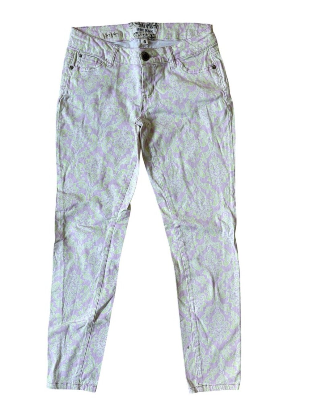 Hot Kiss Y2K FairyCore Capri Jeans JR 3 Purple Paisley Low Rise Pastel Goth 00s